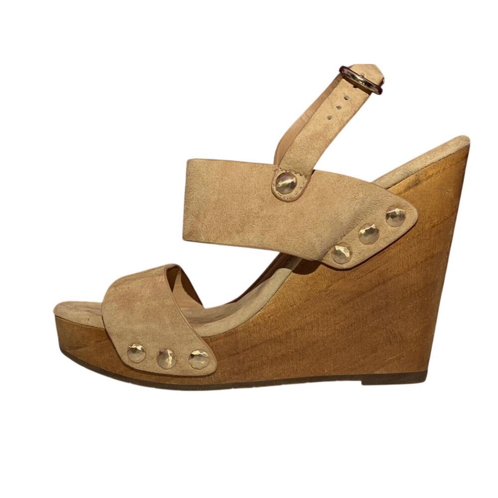 Joie Tan Suede Gold Studded Wooden Wedge Sandal Slingback EU 39.5 US 9